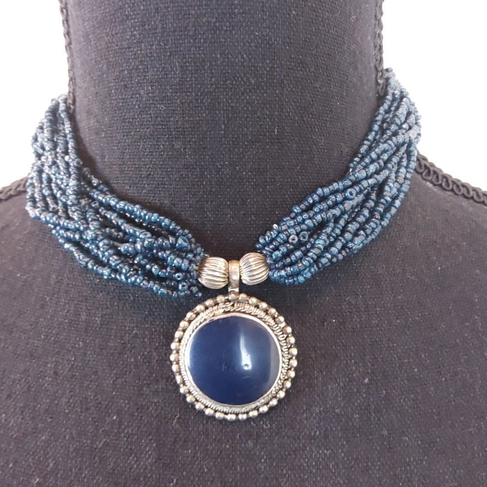 (3/$20) Faux antique silver blue beaded necklace.